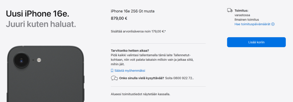 Laturin ja pikalatauksen tietoja ei ilmoiteta Applen verkkokaupassa hintatietojen yhteydessä.